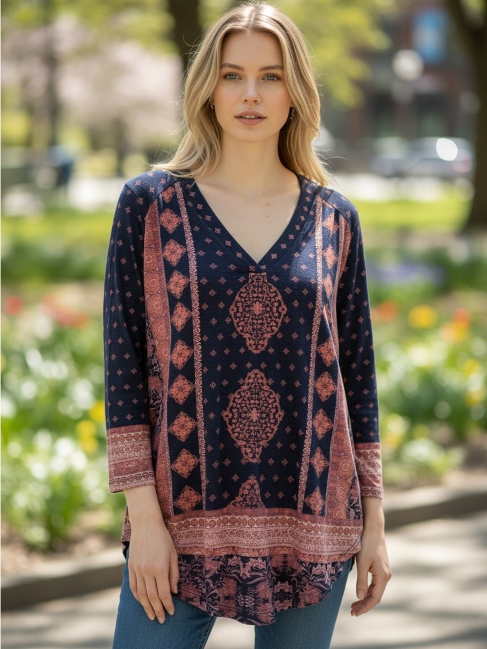 Lucky Brand Size  Small Boho V-Neck Printed Tunic Top - Navy & Terracotta